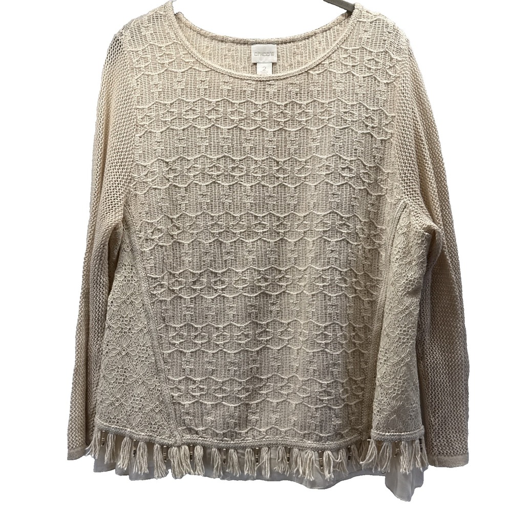 Chicos Women Top L Beige Fringe Bohemian Lace Long Sleeve Minimalist Pullover